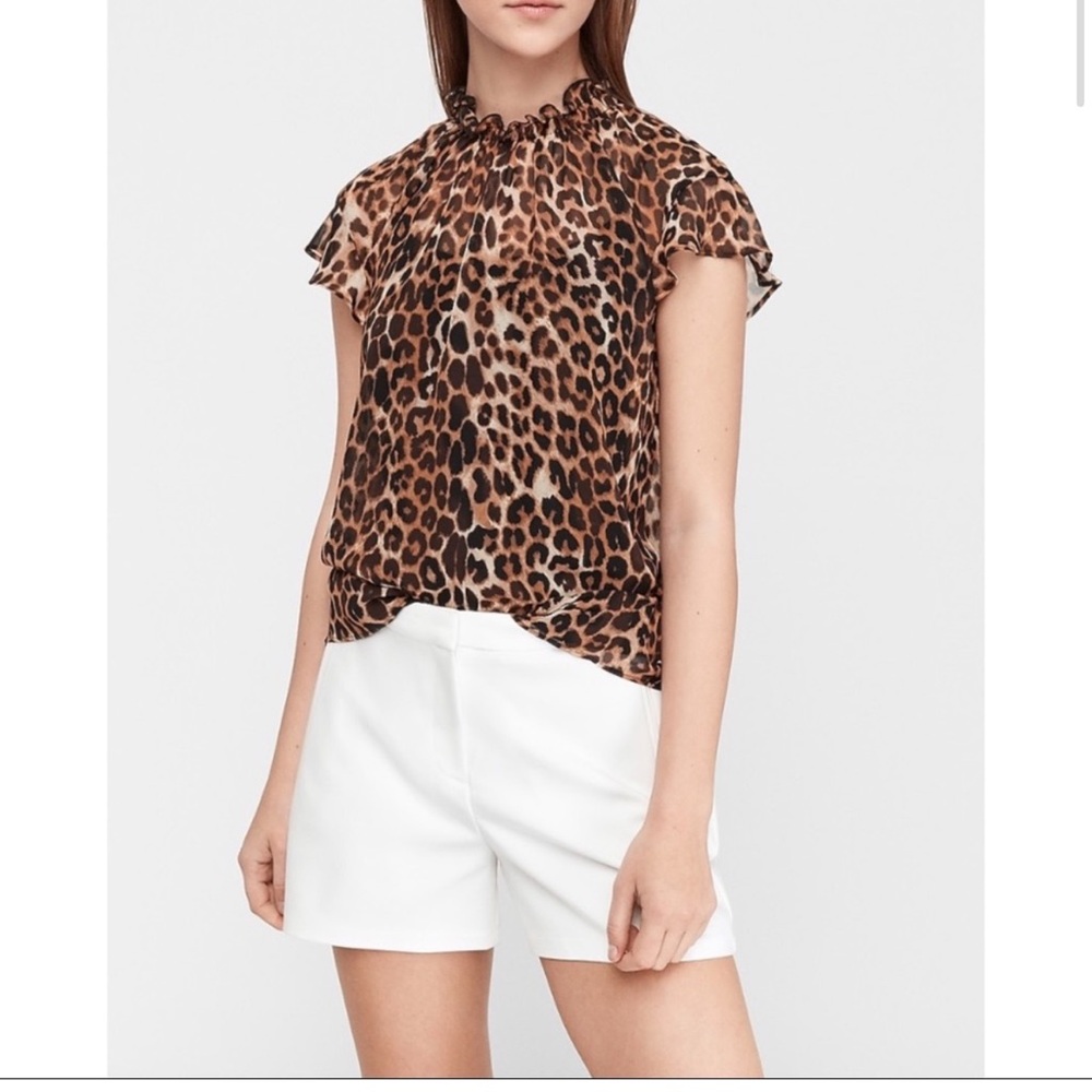 EXPRESS LEOPARD PRINT RUFFLE MOCK NECK SHEER TOP